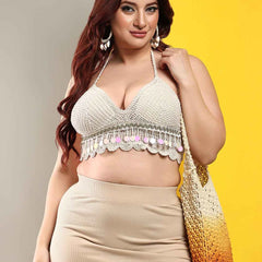 Women's Summer Beach Backless Beige Crochet Halter Bikini Crop Top Crochet V Neck Tassle Embroidery Knit Boho Beachwear