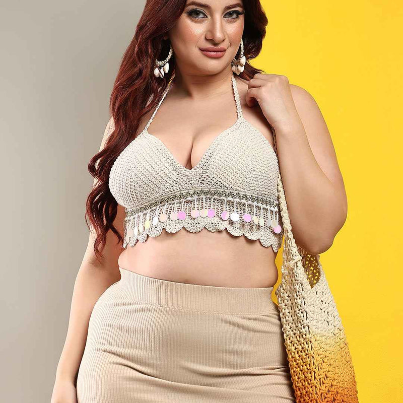 Women's Summer Beach Backless Beige Crochet Halter Bikini Crop Top Crochet V Neck Tassle Embroidery Knit Boho Beachwear