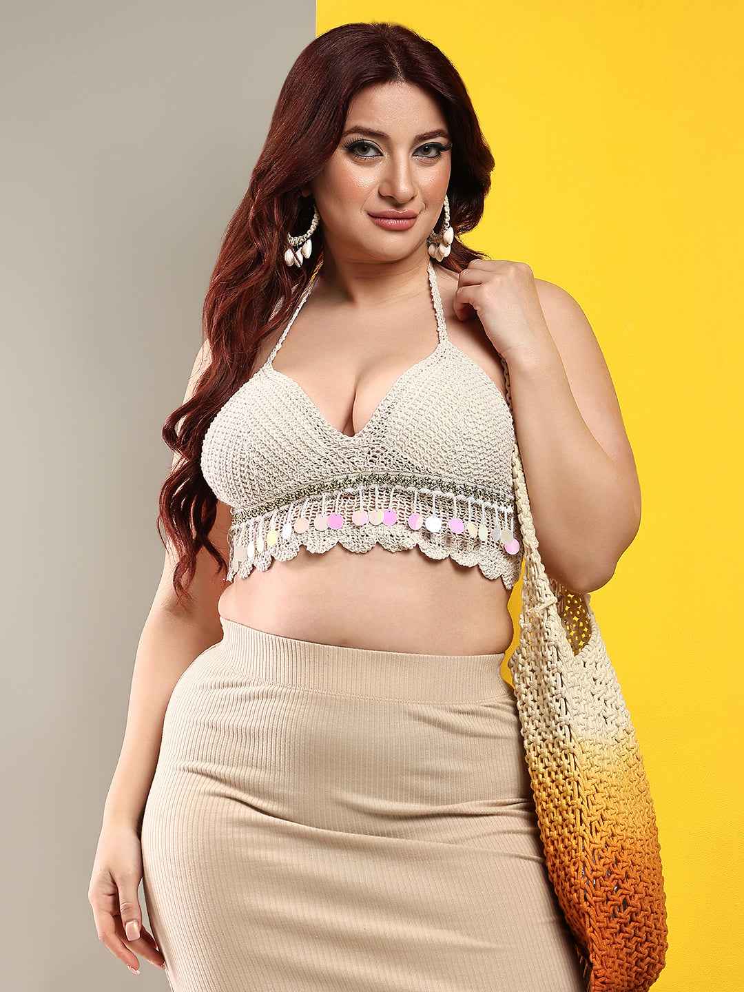 Women's Summer Beach Backless Beige Crochet Halter Bikini Crop Top Crochet V Neck Tassle Embroidery Knit Boho Beachwear