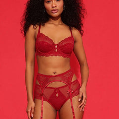 Red Lace Garter Belt with Sheer Panels