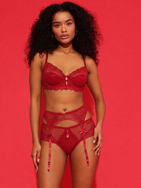Red Lace Garter Belt with Sheer Panels
