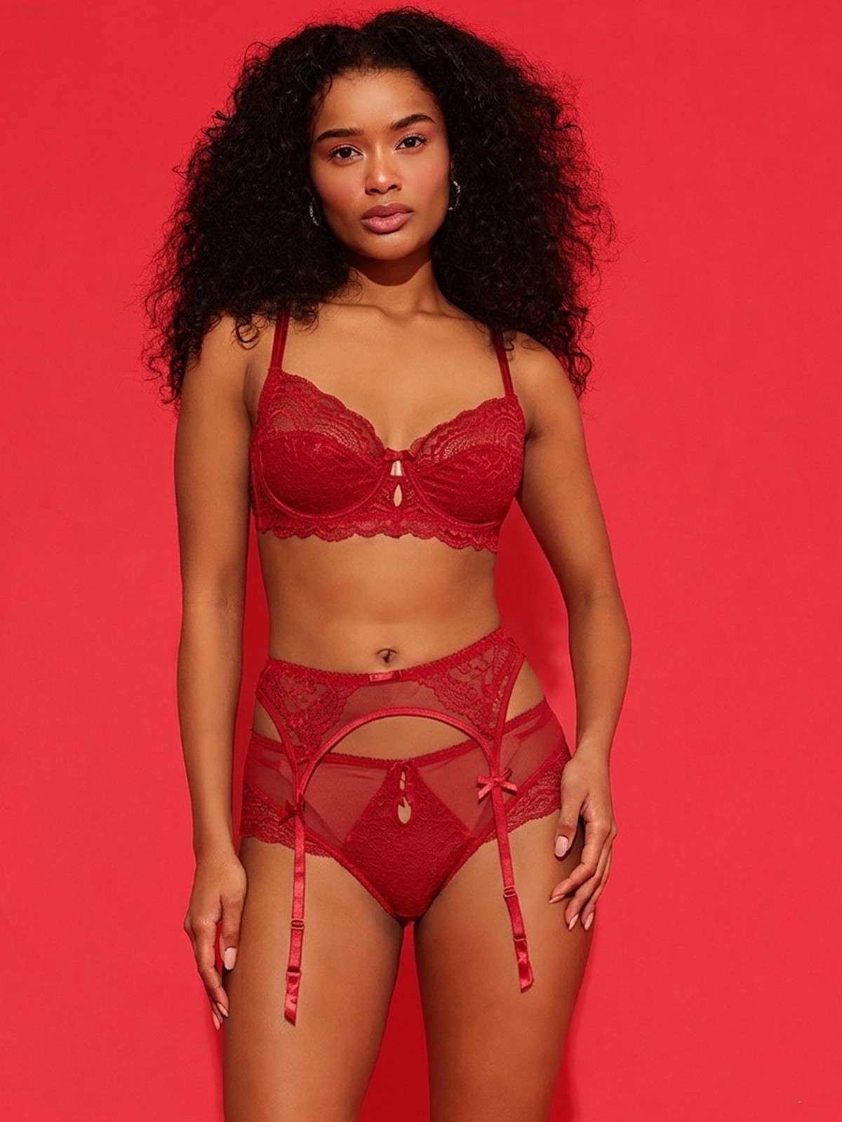 Red Lace Garter Belt with Sheer Panels