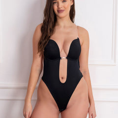 Black Backless Plunge Thong Bodysuit