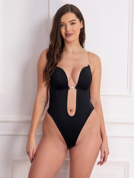 Black Backless Plunge Thong Bodysuit