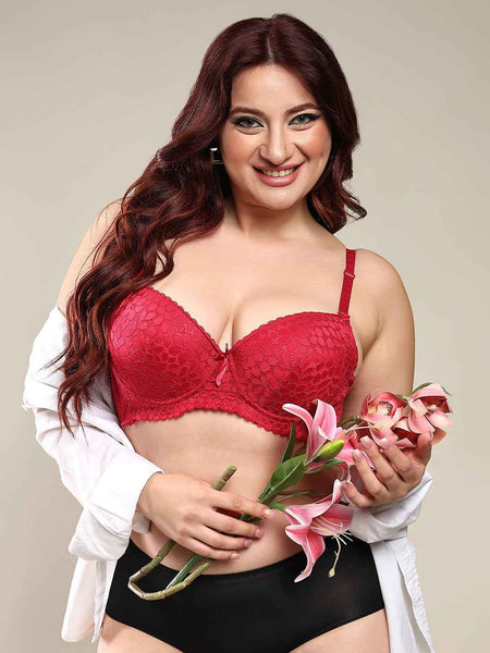 Women Maroon Plus Size Floral Lace Padded Push-Up Bra With All Day Comfort
