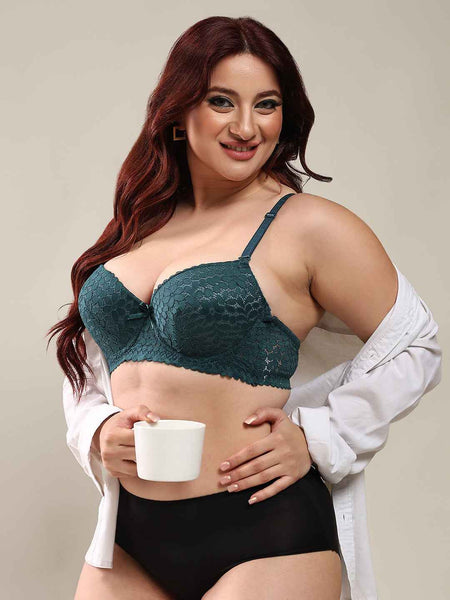 Women Bottal Green Plus Size Floral Lace Padded Push-Up Bra With All Day Comfort