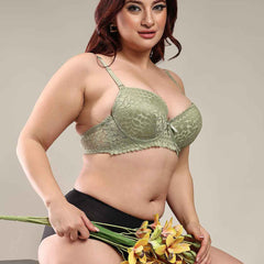 Women Light Green Plus Size Floral Lace Padded Push-Up Bra With All Day Comfort