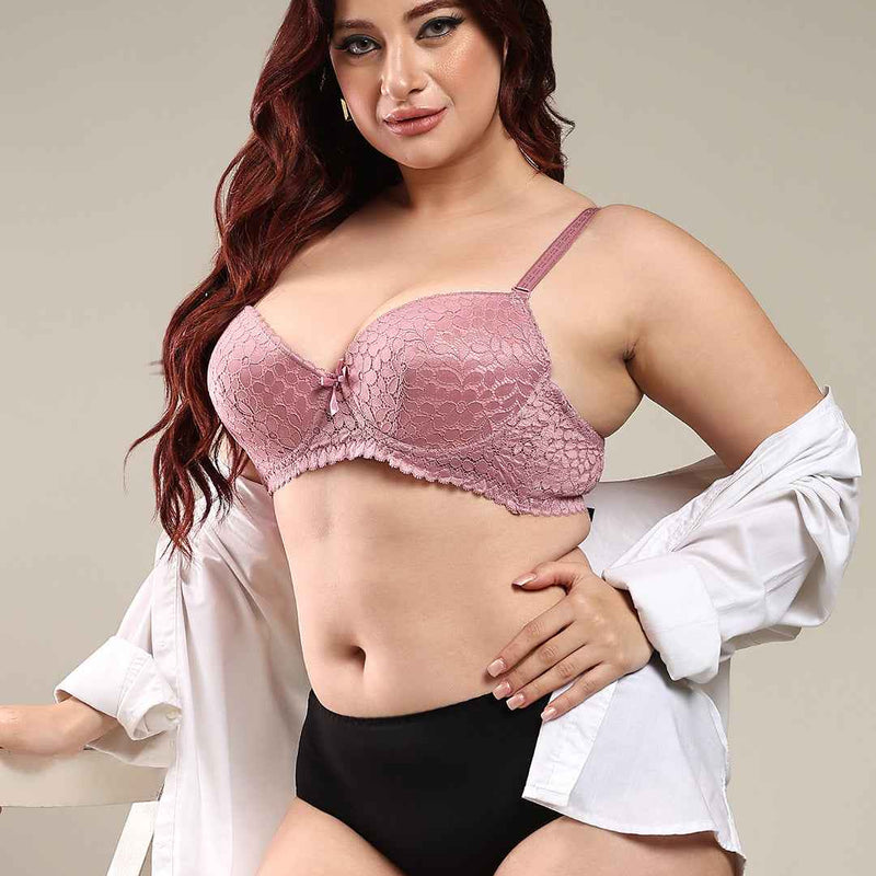 Women Purple Plus Size Floral Lace Padded Push-Up Bra With All Day Comfort