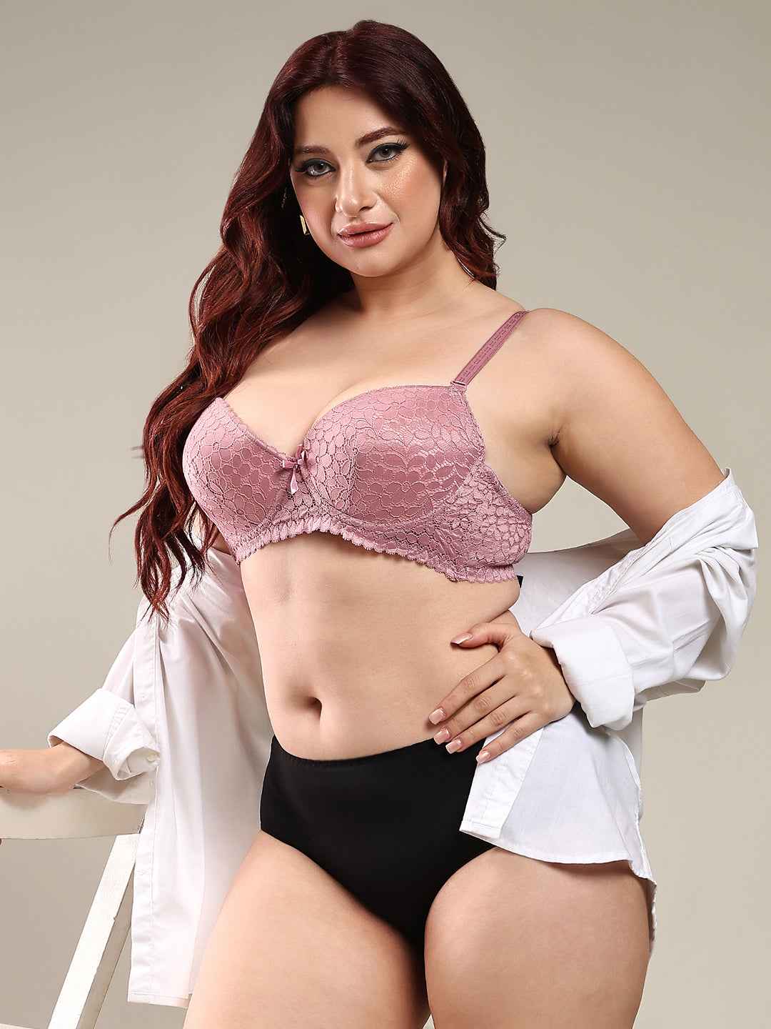 Women Purple Plus Size Floral Lace Padded Push-Up Bra With All Day Comfort