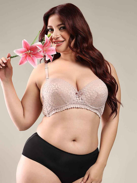Women Beige Plus Size Floral Lace Padded Push-Up Bra With All Day Comfort