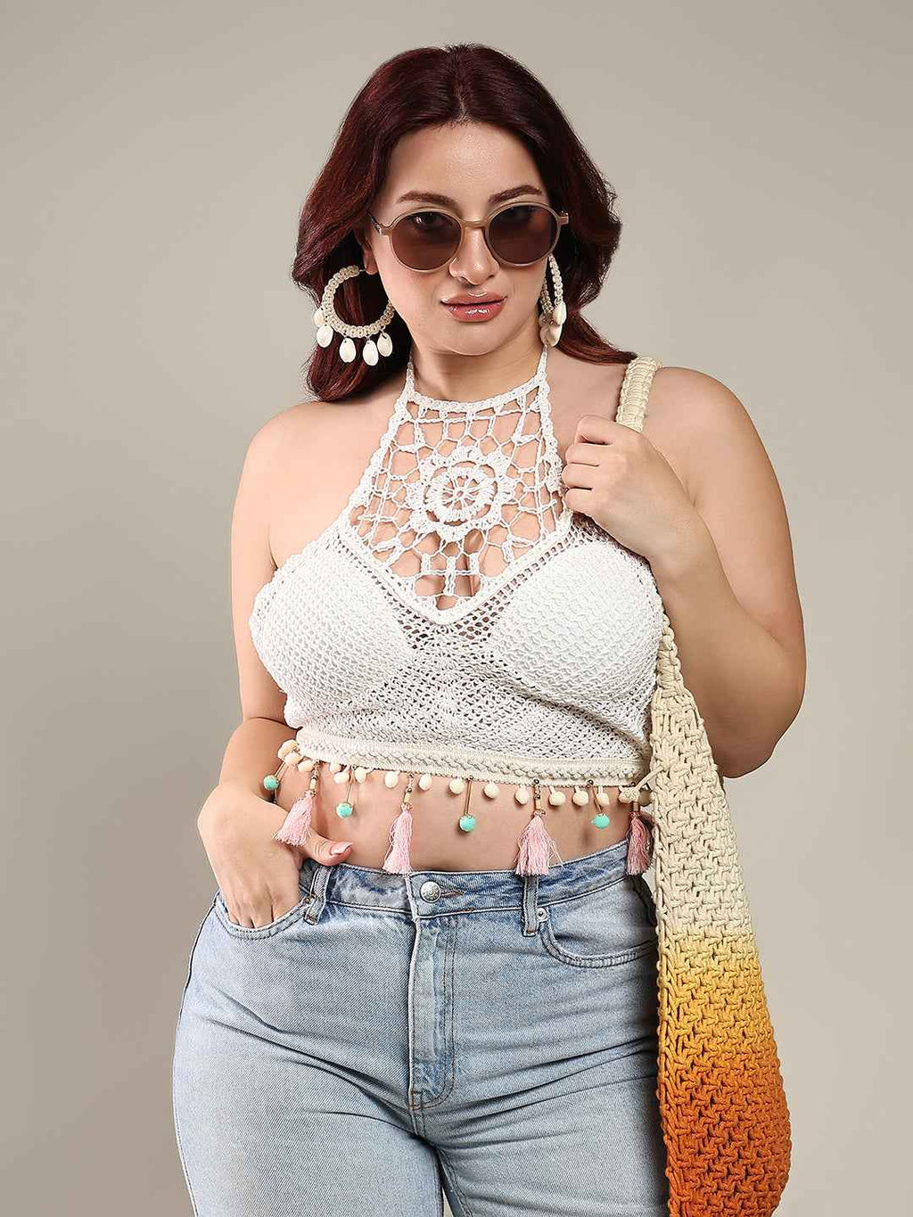 Brachy Women's Self Design Halter Neck Bralette Crochet Crop Top Bra White