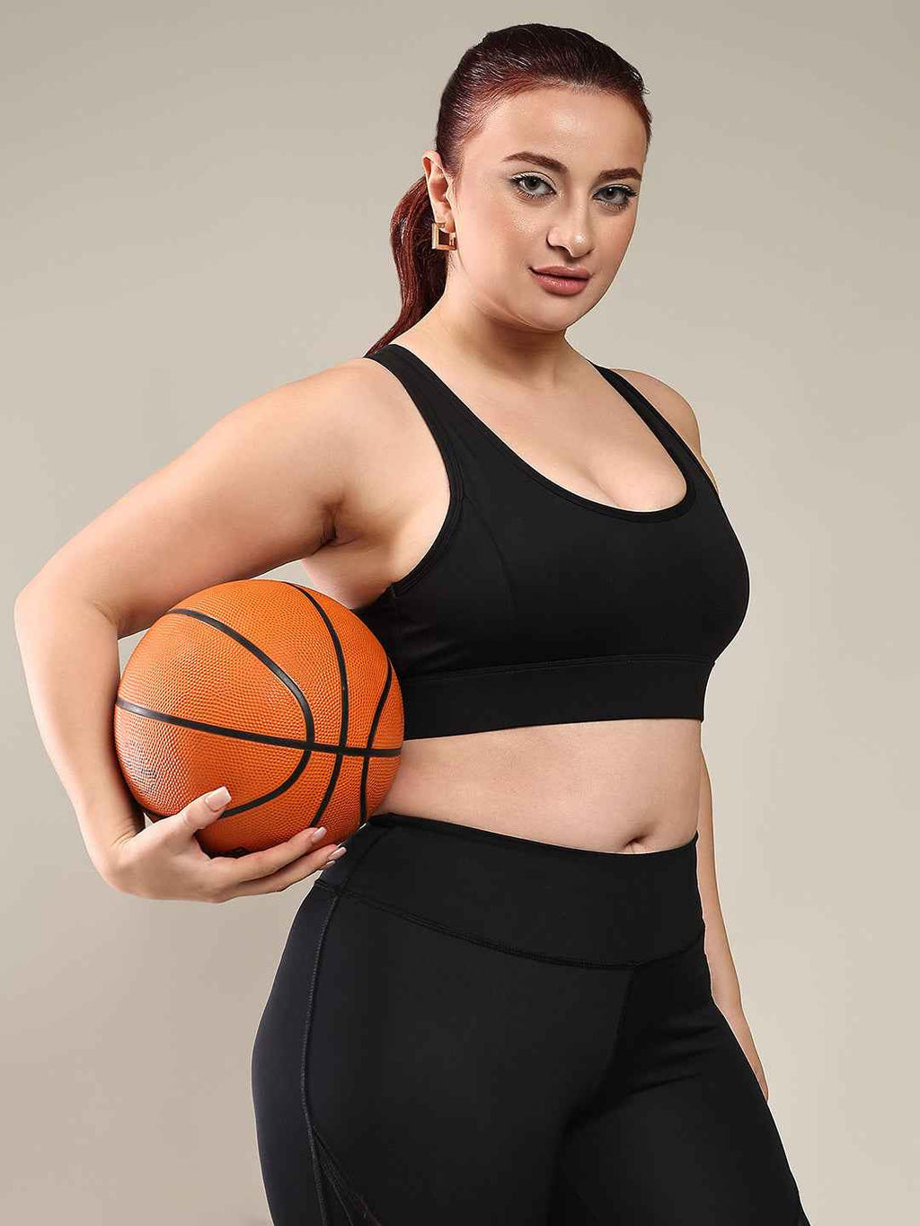 Brachy Black Solid Women Plus Size Full Coverage Padded Rapid-Dry High Impact Racerback Workout Bra.