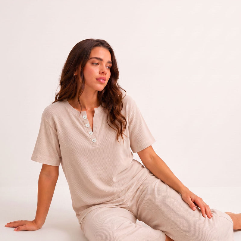 Women’s Premium Beige Waffle Pyjama Set