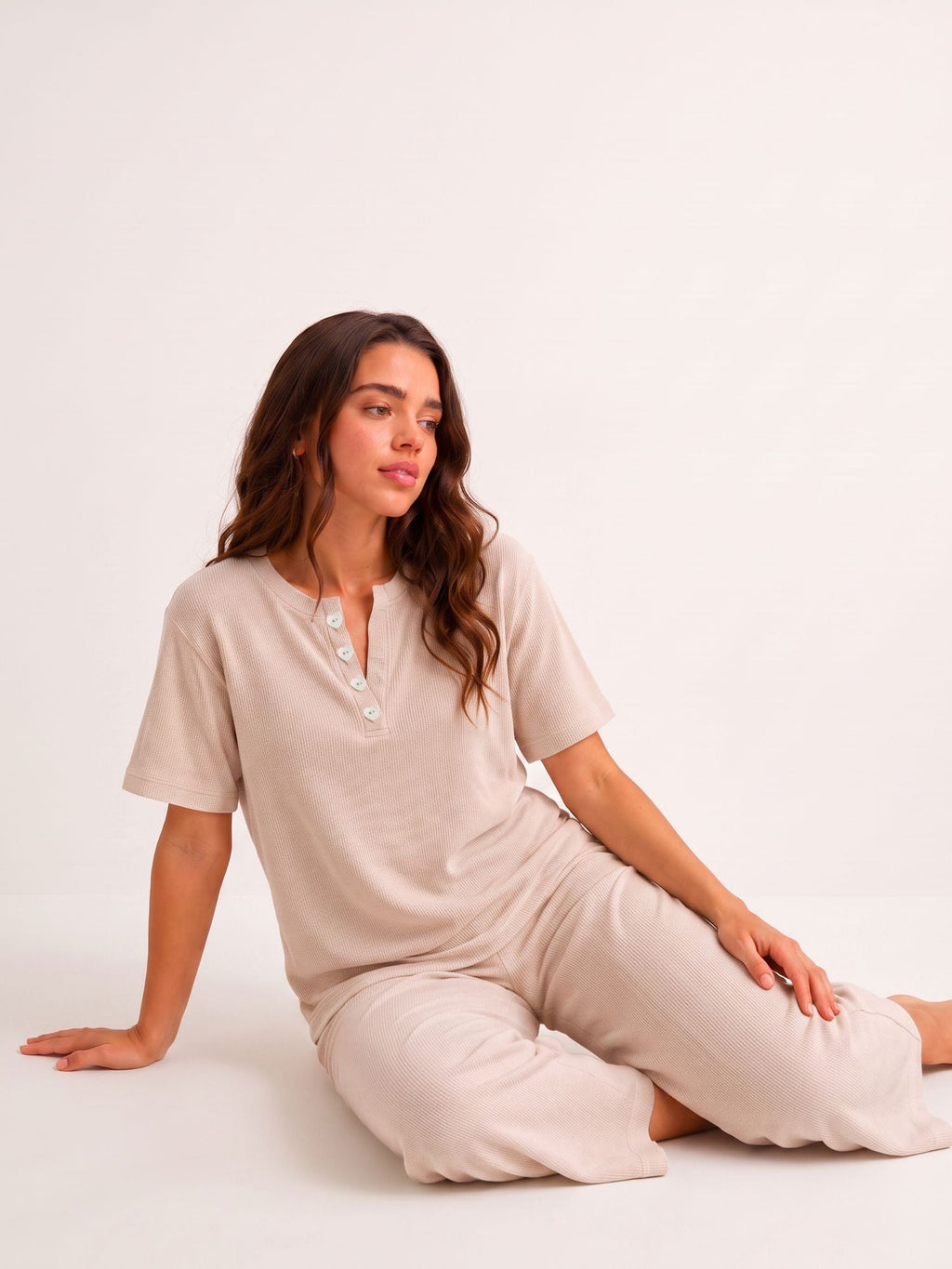 Women’s Premium Beige Waffle Pyjama Set