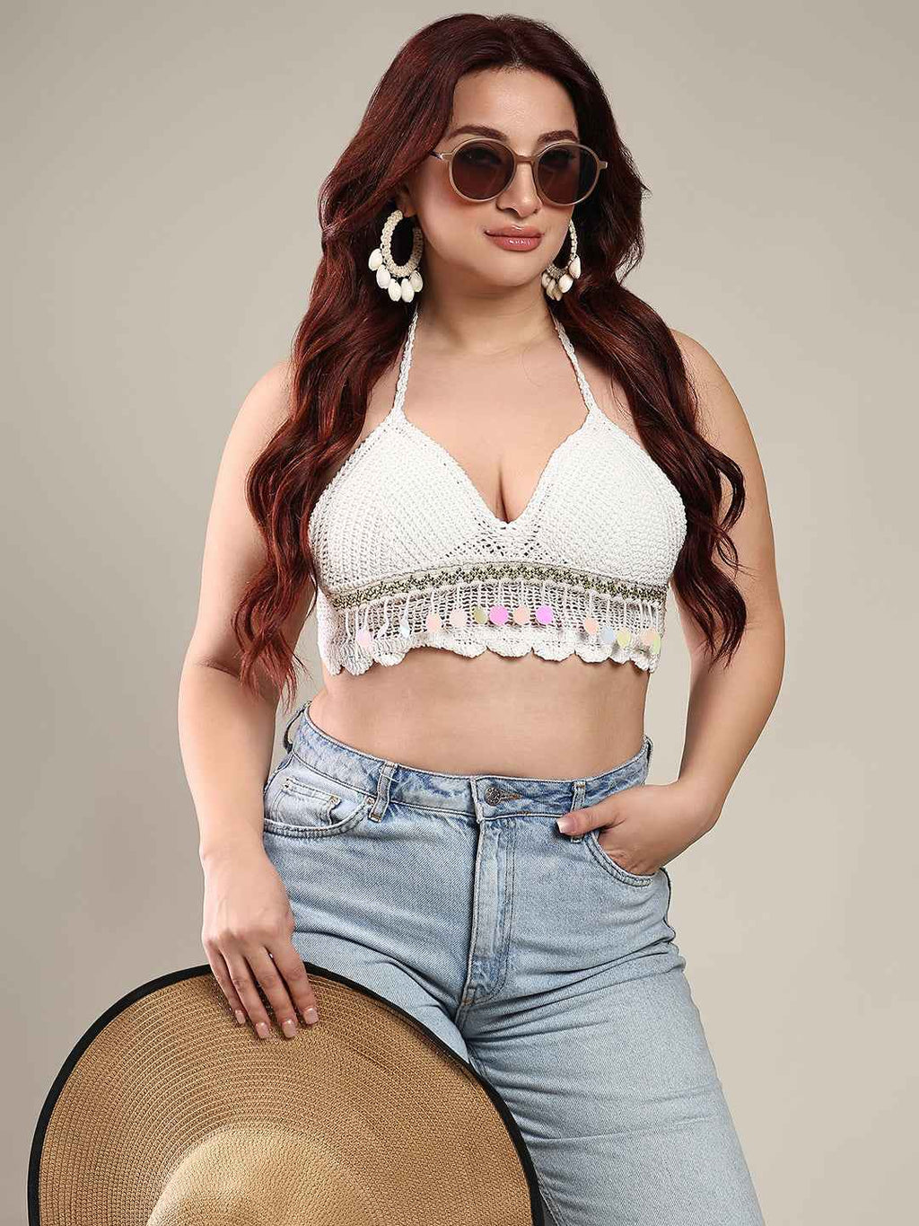 Women's Summer Beach Backless Crochet Halter Bikini Crop Top Crochet V Neck Tassle Embroidery Knit Boho Beachwear