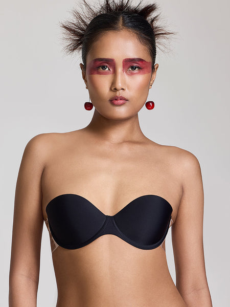 MAROON Free Transparent Belt Strapless Seamless Silicone Invisible Bra Breast Lifting Dress Half Coverage Nylon Lightly Padded Transparent Back Underwire Stick-on Bra. Black