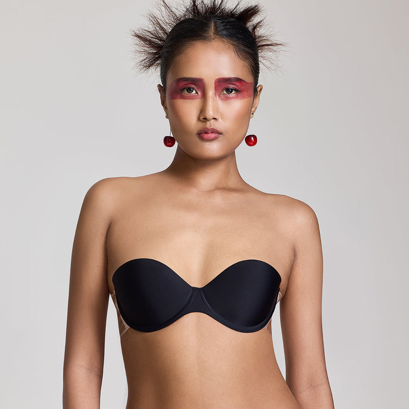 MAROON Free Transparent Belt Strapless Seamless Silicone Invisible Bra Breast Lifting Dress Half Coverage Nylon Lightly Padded Transparent Back Underwire Stick-on Bra. Black