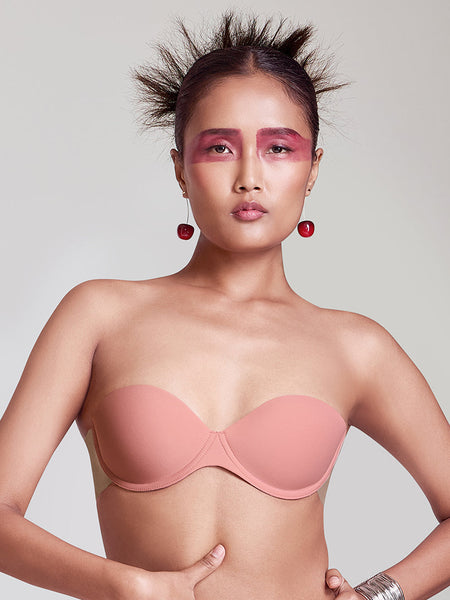 MAROON Free Transparent Belt Strapless Seamless Silicone Invisible Bra Breast Lifting Dress Half Coverage Nylon Lightly Padded Transparent Back Underwire Stick-on Bra. Rose