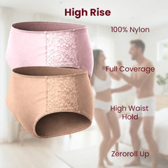 MAROON Find My Skin Tone Nylon Spandex High Rise Briefs Soft Stretchy Full Coverage High Waist Hold Zero Roll Grip Vanishing Waistband Hipster Pack of 2 Panties. Strawberry,Caramel