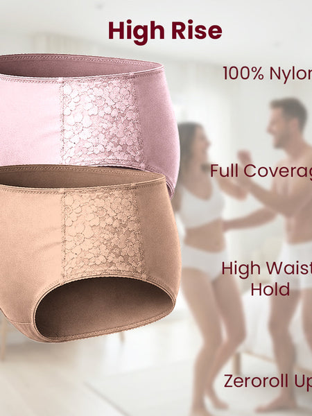 MAROON Find My Skin Tone Nylon Spandex High Rise Briefs Soft Stretchy Full Coverage High Waist Hold Zero Roll Grip Vanishing Waistband Hipster Pack of 2 Panties. Strawberry,Caramel