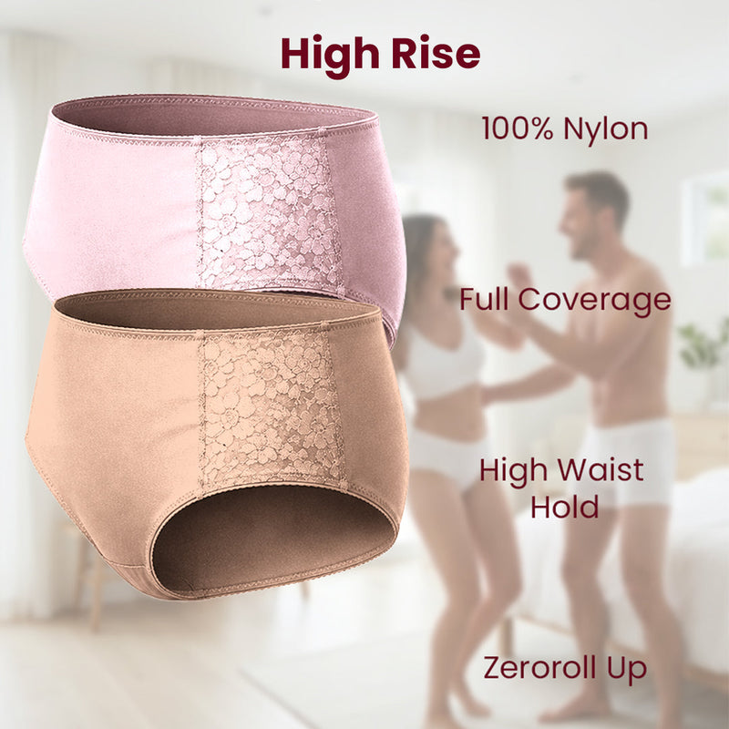 MAROON Find My Skin Tone Nylon Spandex High Rise Briefs Soft Stretchy Full Coverage High Waist Hold Zero Roll Grip Vanishing Waistband Hipster Pack of 2 Panties. Strawberry,Caramel
