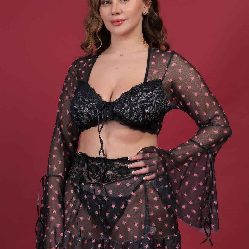 Brachy Women Hot Black Self Design Nightwear Baby Doll Lingerie