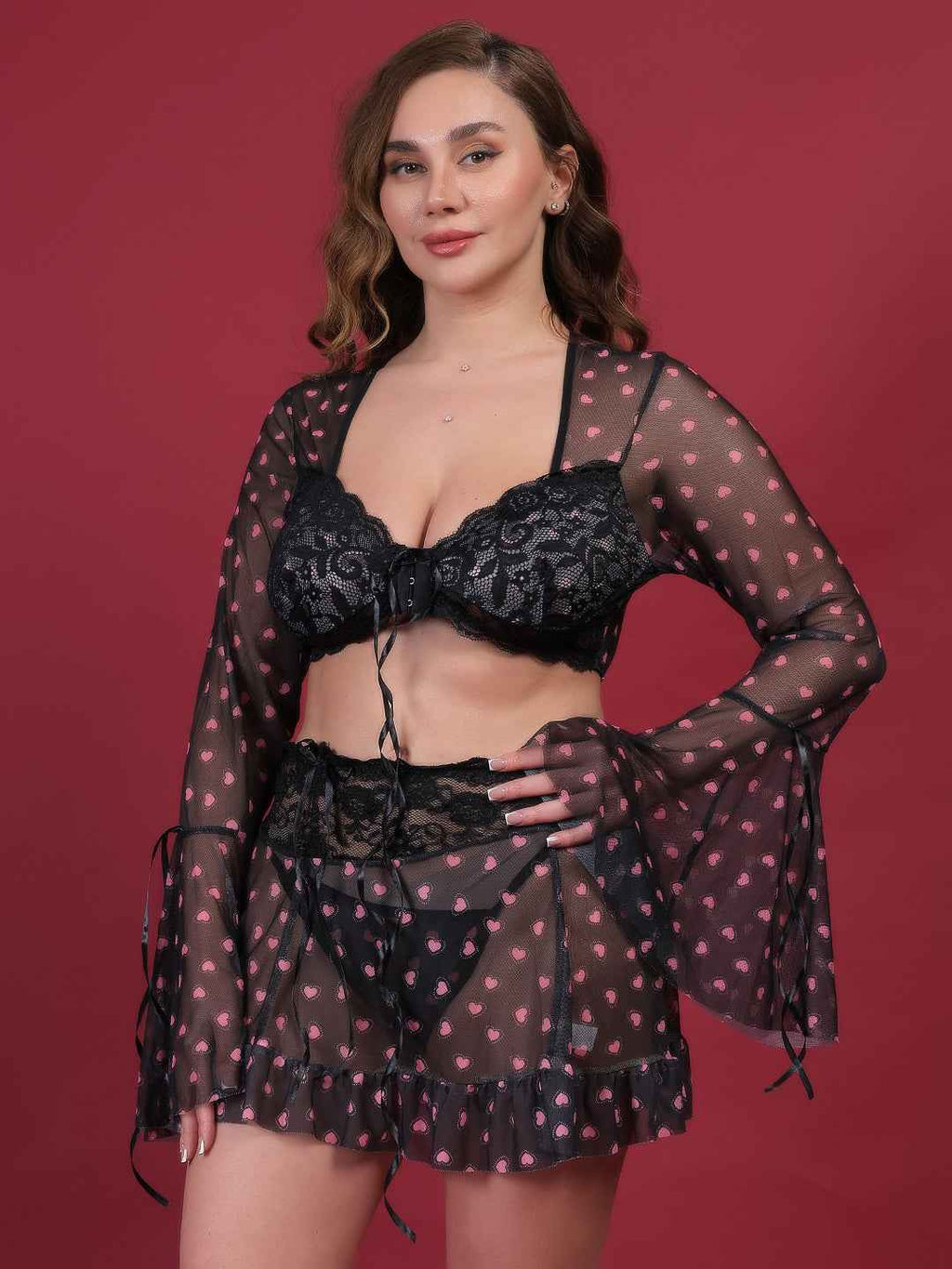 Brachy Women Hot Black Self Design Nightwear Baby Doll Lingerie