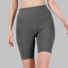 SOIE Woman - High Waist Knee Length Solid Sports Shorts With Pocket - Athleisure Shorts -for Women