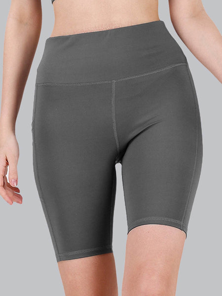 SOIE Woman - High Waist Knee Length Solid Sports Shorts With Pocket - Athleisure Shorts -for Women