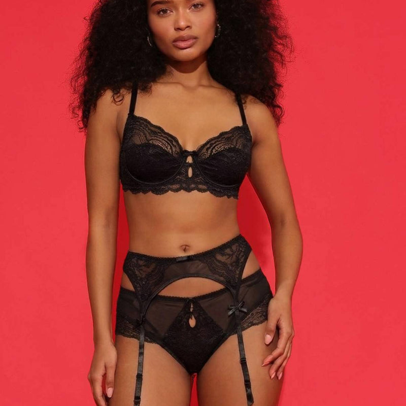 Black Lace Garter Belt with Sheer Panels
