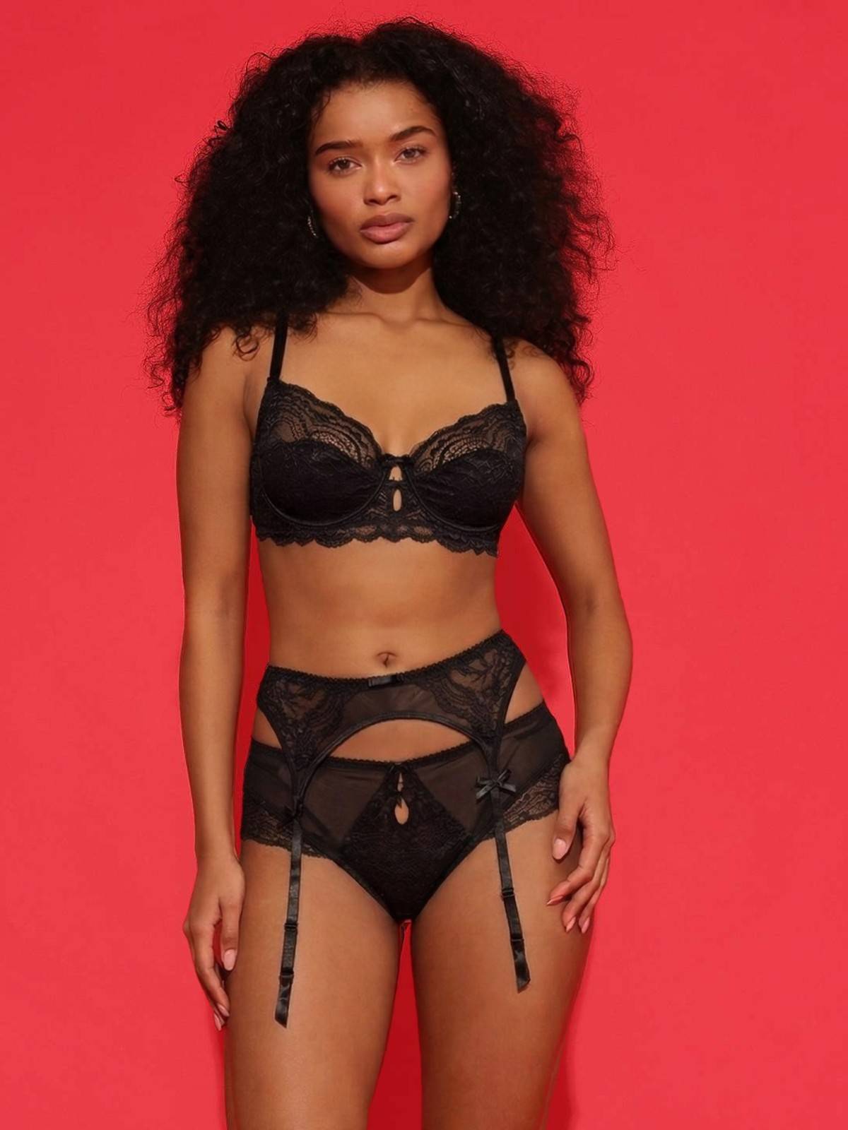 Black Lace Garter Belt with Sheer Panels