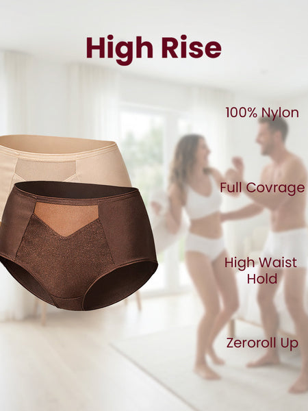 Maroon Rise Luxe high-waisted seamless briefs with vanishing waistband and zero-roll grip for full coverage.