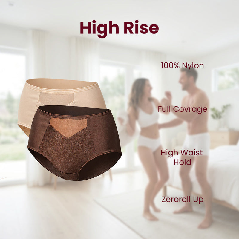 Maroon Rise Luxe high-waisted seamless briefs with vanishing waistband and zero-roll grip for full coverage.