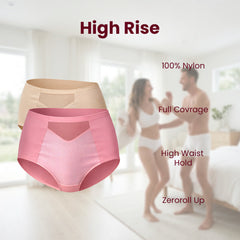 MAROON Rise Luxe Find My Skin Tone Nylon Elastane High Rise Briefs Soft Stretchy Full Coverage High Waist Hold Zero Roll Grip Vanishing Waistband Hipster Pack of 2 Panty Combo