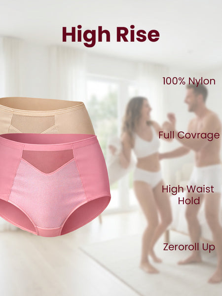 MAROON Rise Luxe Find My Skin Tone Nylon Elastane High Rise Briefs Soft Stretchy Full Coverage High Waist Hold Zero Roll Grip Vanishing Waistband Hipster Pack of 2 Panty Combo