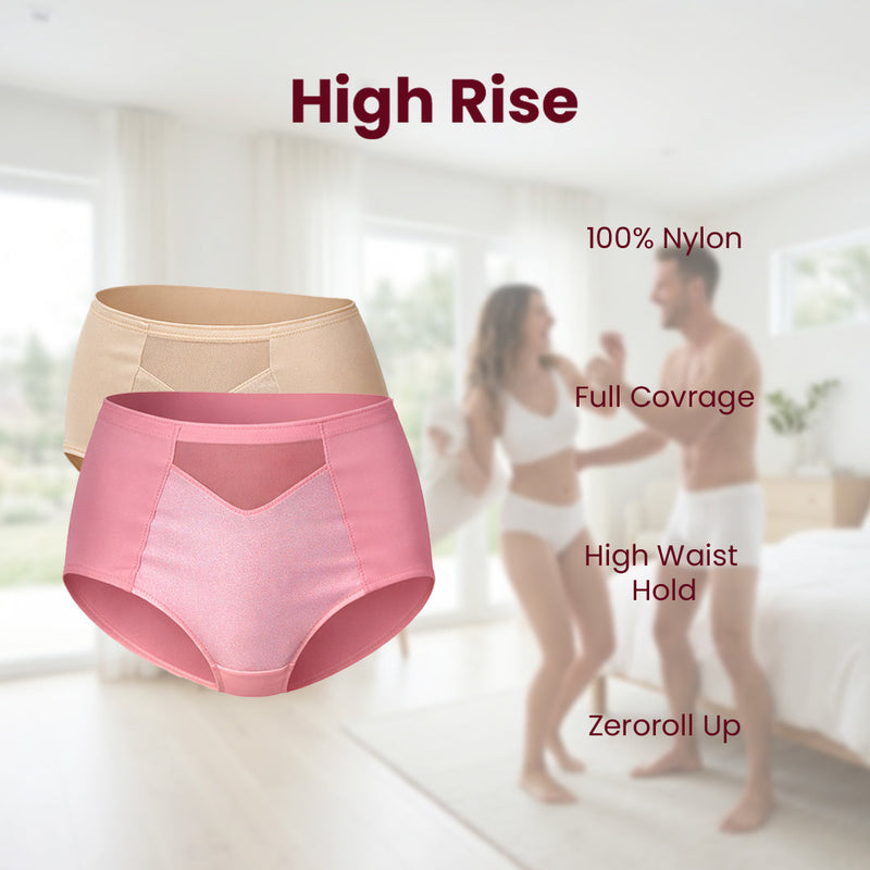 MAROON Rise Luxe Find My Skin Tone Nylon Elastane High Rise Briefs Soft Stretchy Full Coverage High Waist Hold Zero Roll Grip Vanishing Waistband Hipster Pack of 2 Panty Combo