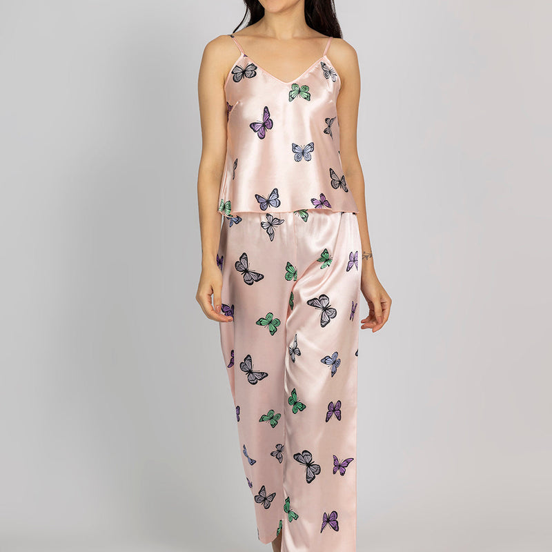 Light Pink Satin Butterfly Print Camisole & Pajama Set