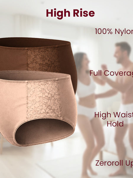 MAROON Find My Skin Tone Nylon Spandex High Rise Briefs Soft Stretchy Full Coverage High Waist Hold Zero Roll Grip Vanishing Waistband Hipster Pack of 2 Panties. Caramel,Chocolate
