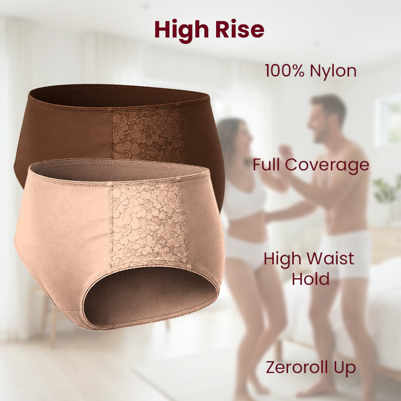 MAROON Find My Skin Tone Nylon Spandex High Rise Briefs Soft Stretchy Full Coverage High Waist Hold Zero Roll Grip Vanishing Waistband Hipster Pack of 2 Panties. Caramel,Chocolate