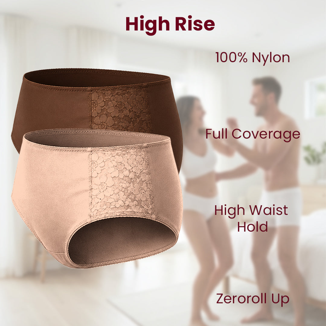 MAROON Find My Skin Tone Nylon Spandex High Rise Briefs Soft Stretchy Full Coverage High Waist Hold Zero Roll Grip Vanishing Waistband Hipster Pack of 2 Panties. Caramel,Chocolate