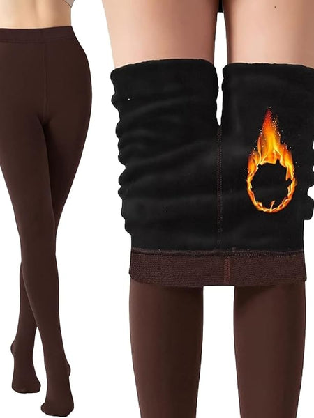 Women Brown Kashmiri Solid Footed Warm Thick Fur Thermal Bottom High Waist Stockings - Brachy