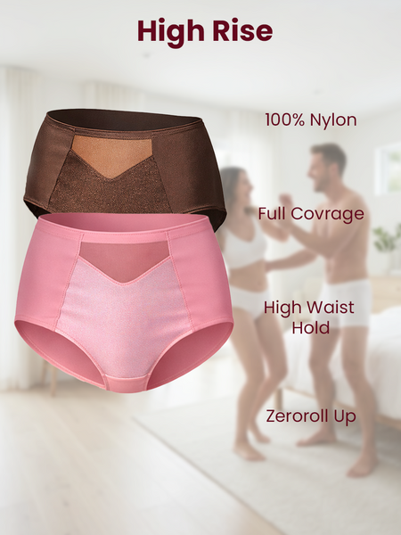 MAROON Rise Luxe Find My Skin Tone Nylon Elastane High Rise Briefs Soft Stretchy Full Coverage High Waist Hold Zero Roll Grip Vanishing Waistband Hipster Pack of 2 Panty Combo