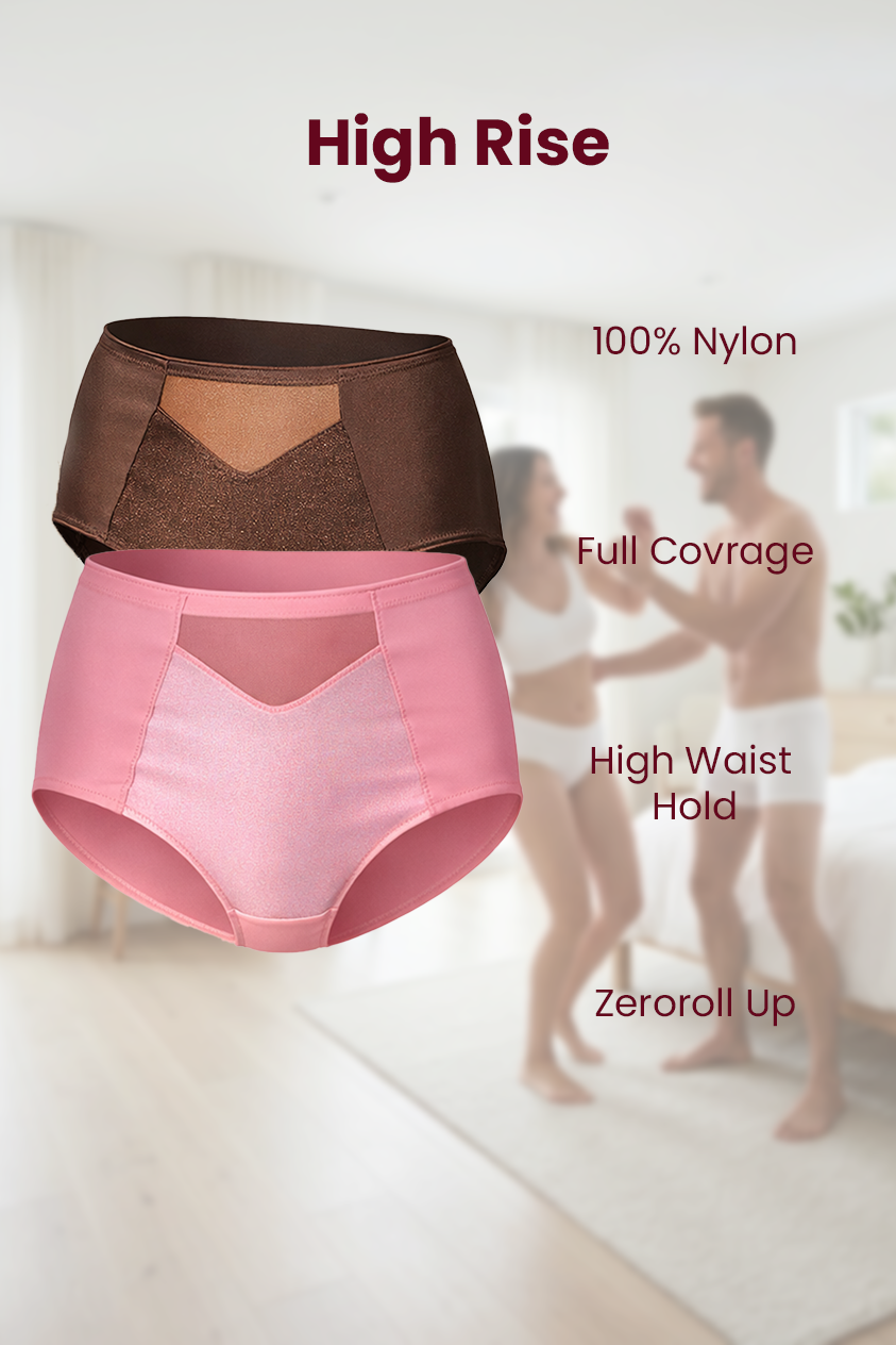 MAROON Rise Luxe Find My Skin Tone Nylon Elastane High Rise Briefs Soft Stretchy Full Coverage High Waist Hold Zero Roll Grip Vanishing Waistband Hipster Pack of 2 Panty Combo