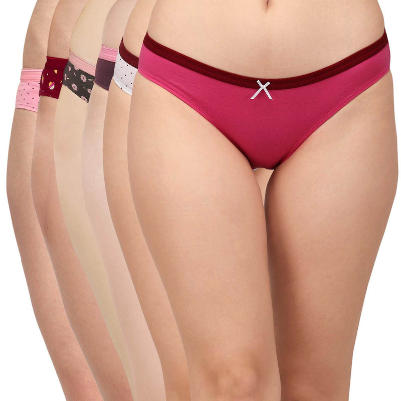SOIE Woman - Mid Rise Medium Coverage Solid and Printed Cotton Stretch Brief Panty (Pack of 6) - Panty -for Women