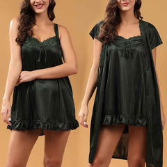 Women 2 Pieces Bridal Light Green Satin lace Self Design Night Wear Lingerie Babydoll Set