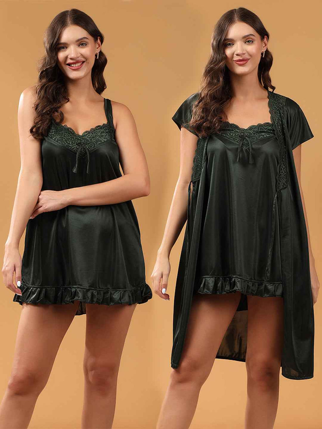 Women 2 Pieces Bridal Light Green Satin lace Self Design Night Wear Lingerie Babydoll Set