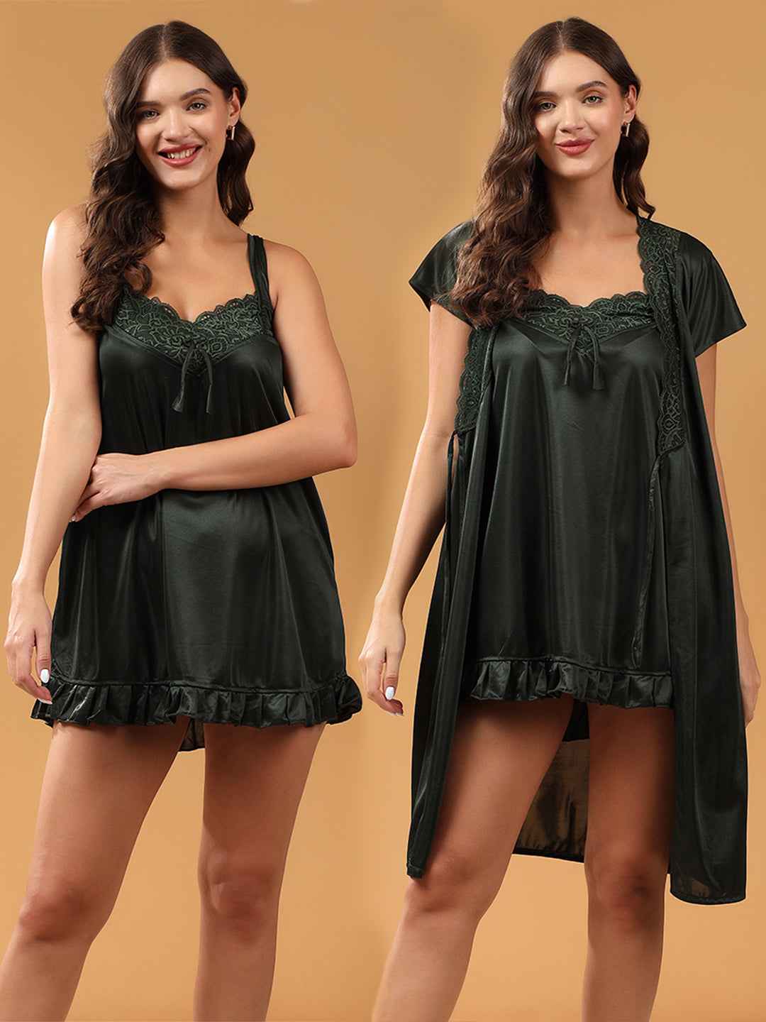 Women 2 Pieces Bridal Light Green Satin lace Self Design Night Wear Lingerie Babydoll Set