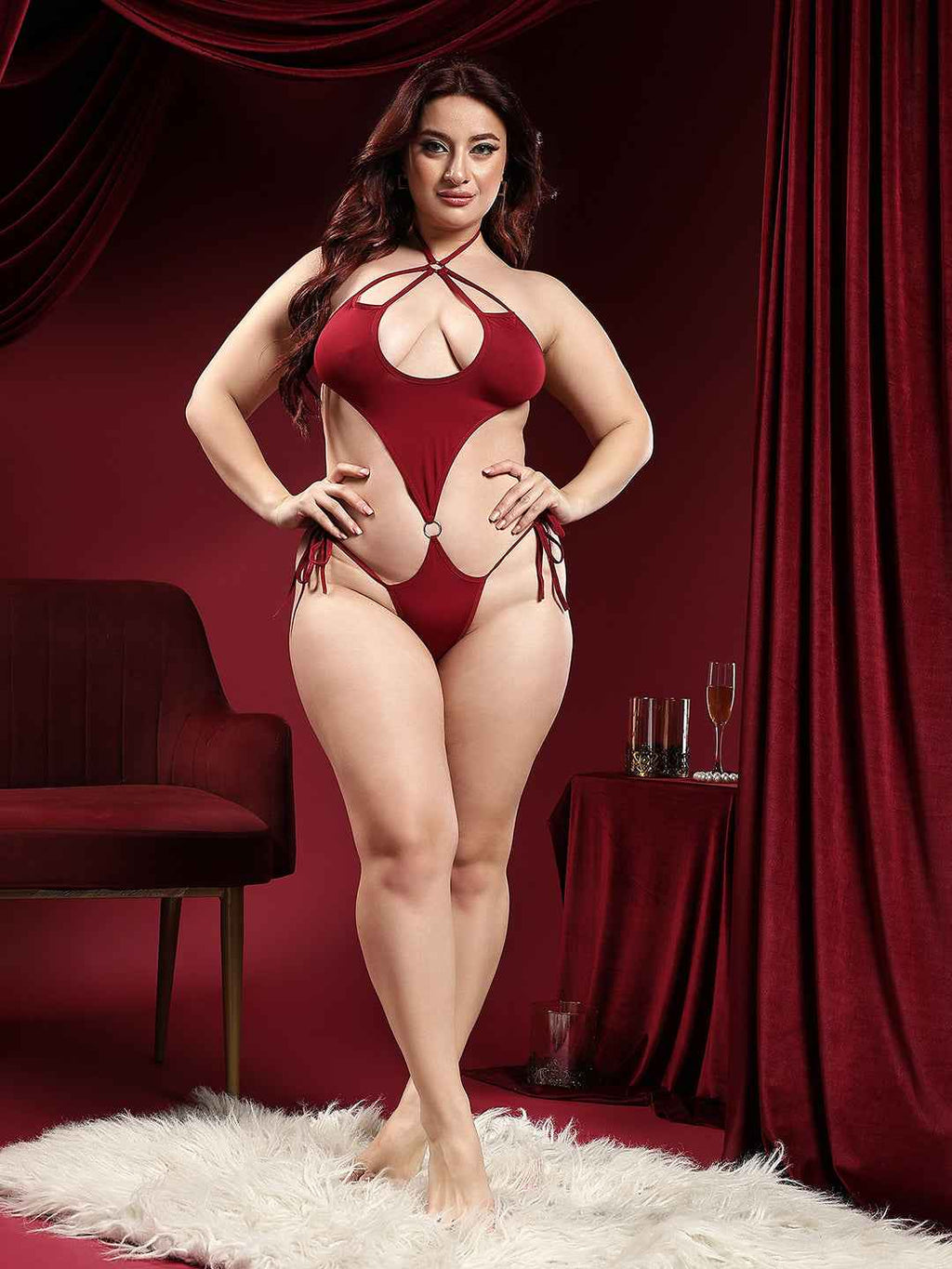 Brachy Women Maroon Halter Neck Baby Doll set