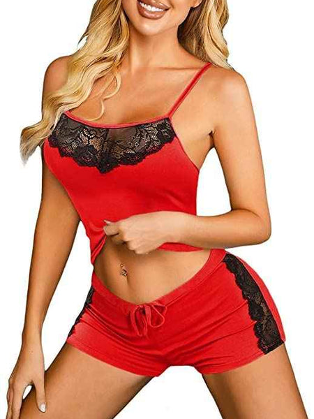 Women Hot Red Net 2 pices Baby Dolls Nightwear Set