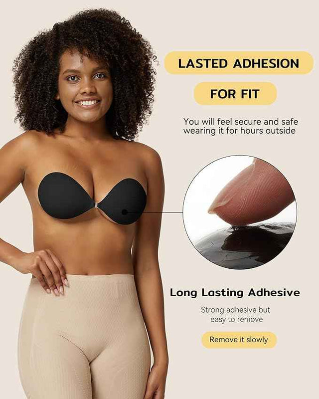 Brachy Women Black Strapless Sticky Bra Invisible Backless Stick on Bra Push up Lift Bras for Women Dress Reusable Silicone Nipple Covers